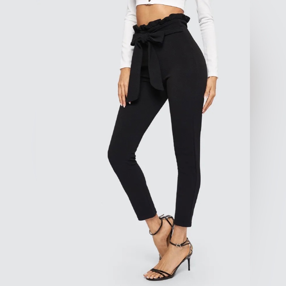 Belted Paperbag Waist Skinny Black Pants